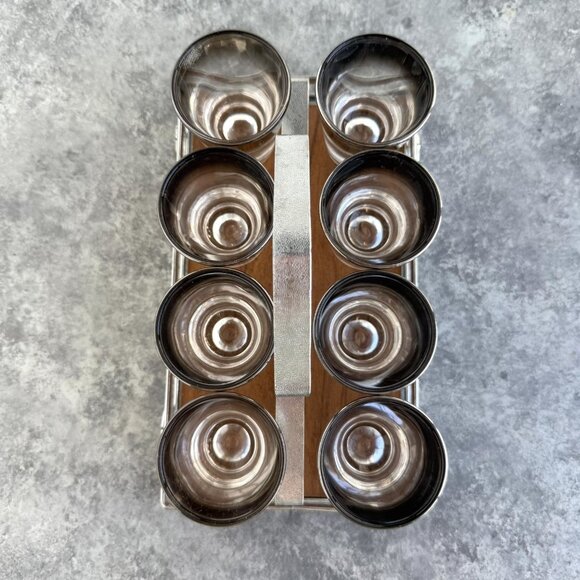 Vintage Silver Fade 8 Shot Glasses w/ Carrier Caddy MCM Barware - Picture 16 of 16